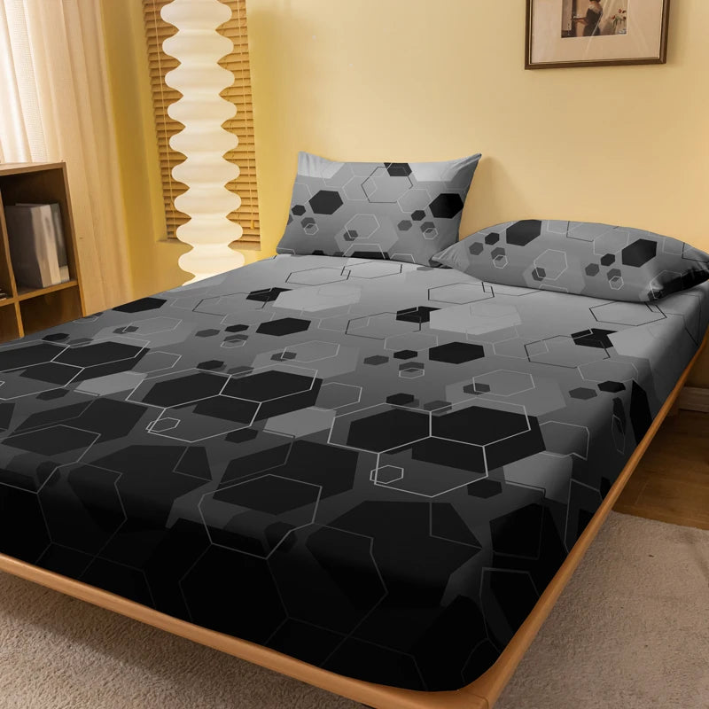drap plat géométrique hexagones noir gris moderne literie chambre lit polyester artisanat tissage