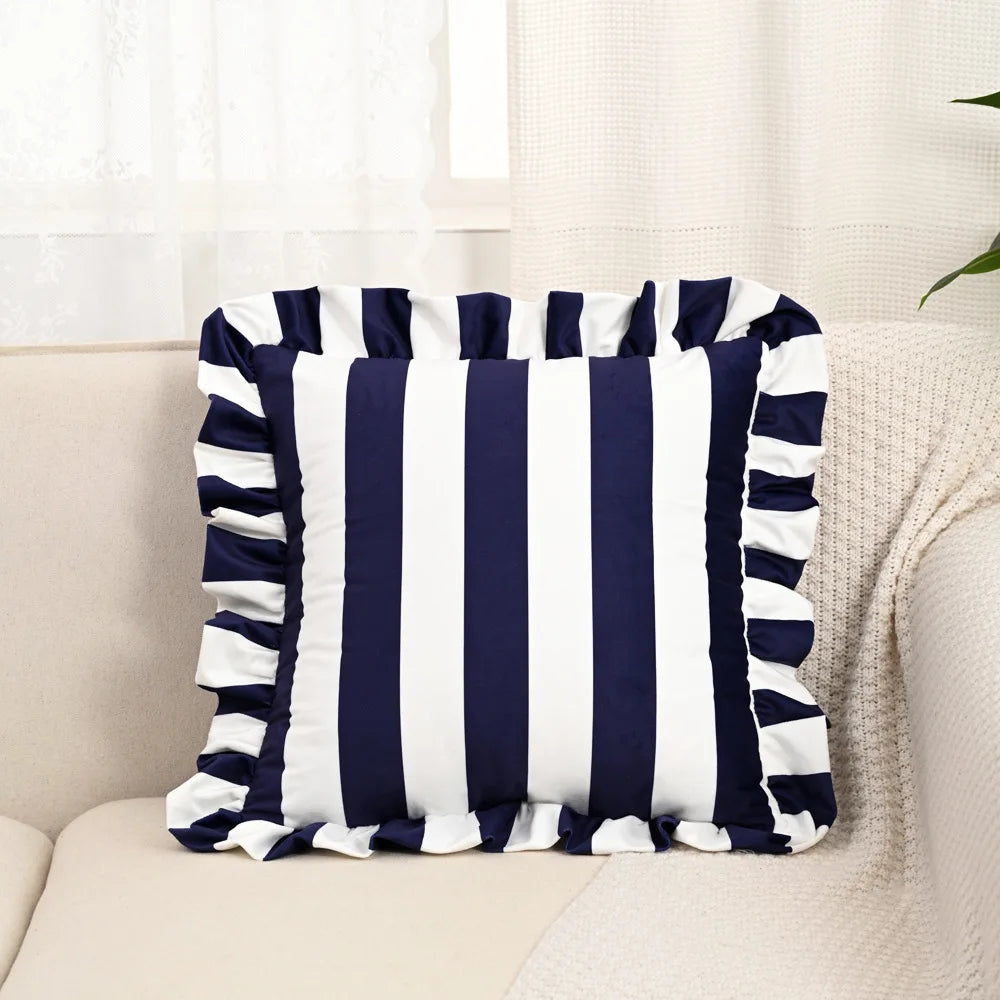 taies d'oreiller carrées rayures bleues blanches velours moderne fixation décoration canapé chambre sofa