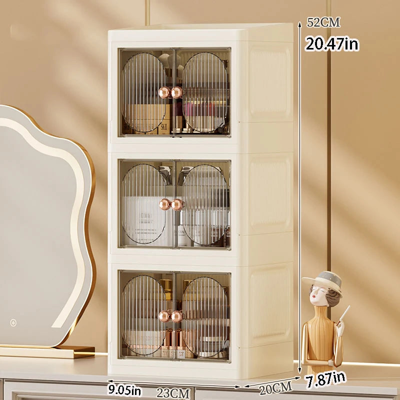 boîte rangement cosmétique tiroirs plastique moderne beige clair panneaux verticaux transparents organisation salon chambre