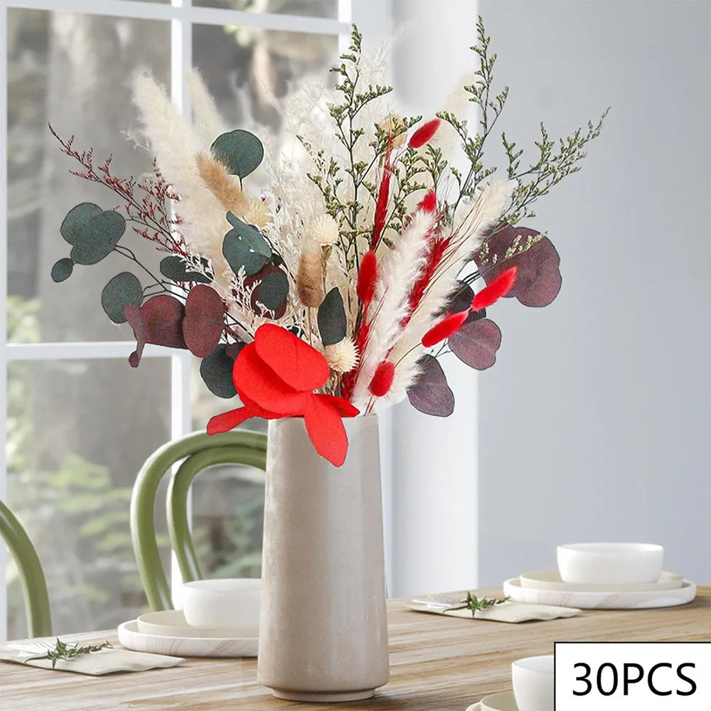 bouquet dried flowers naturel rouges blancs vase beige decoration maison anniversaire fete