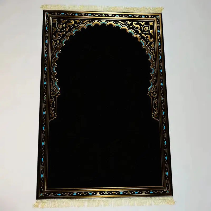 tapis prière islamique velours noir bleu doré motif floral traditionnel maison voyage