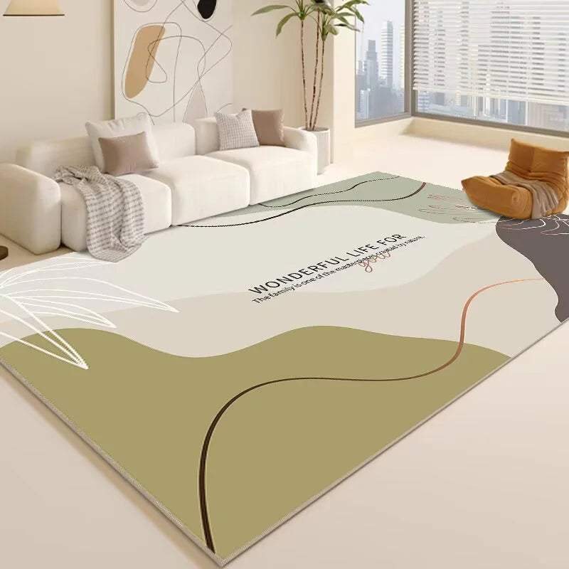 Le tapis décoratif moderne présente une conception abstraite dans des tons neutres, offrant une touche naturelle et élégante à l'intérieur.