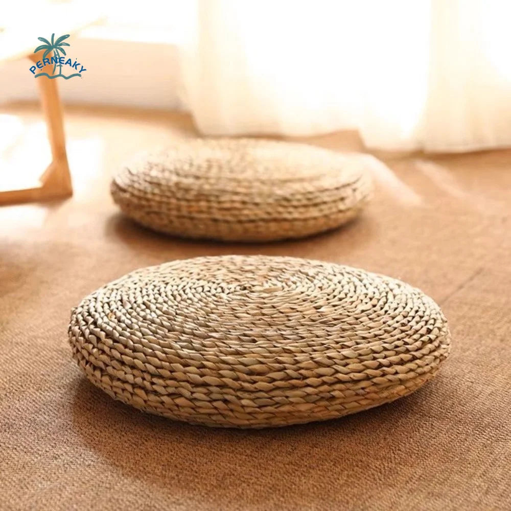 coussin sol rustique tissé motifs concentriques naturel antidérapant respirant épais yoga méditation
