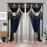rideaux élégants broderie florale dorée franges pompons bleu marine moderne maison