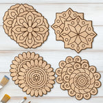 coasters bois non fini mandala multicolore géométrique artisanal décoratif adhésif pièces colorier bricolage