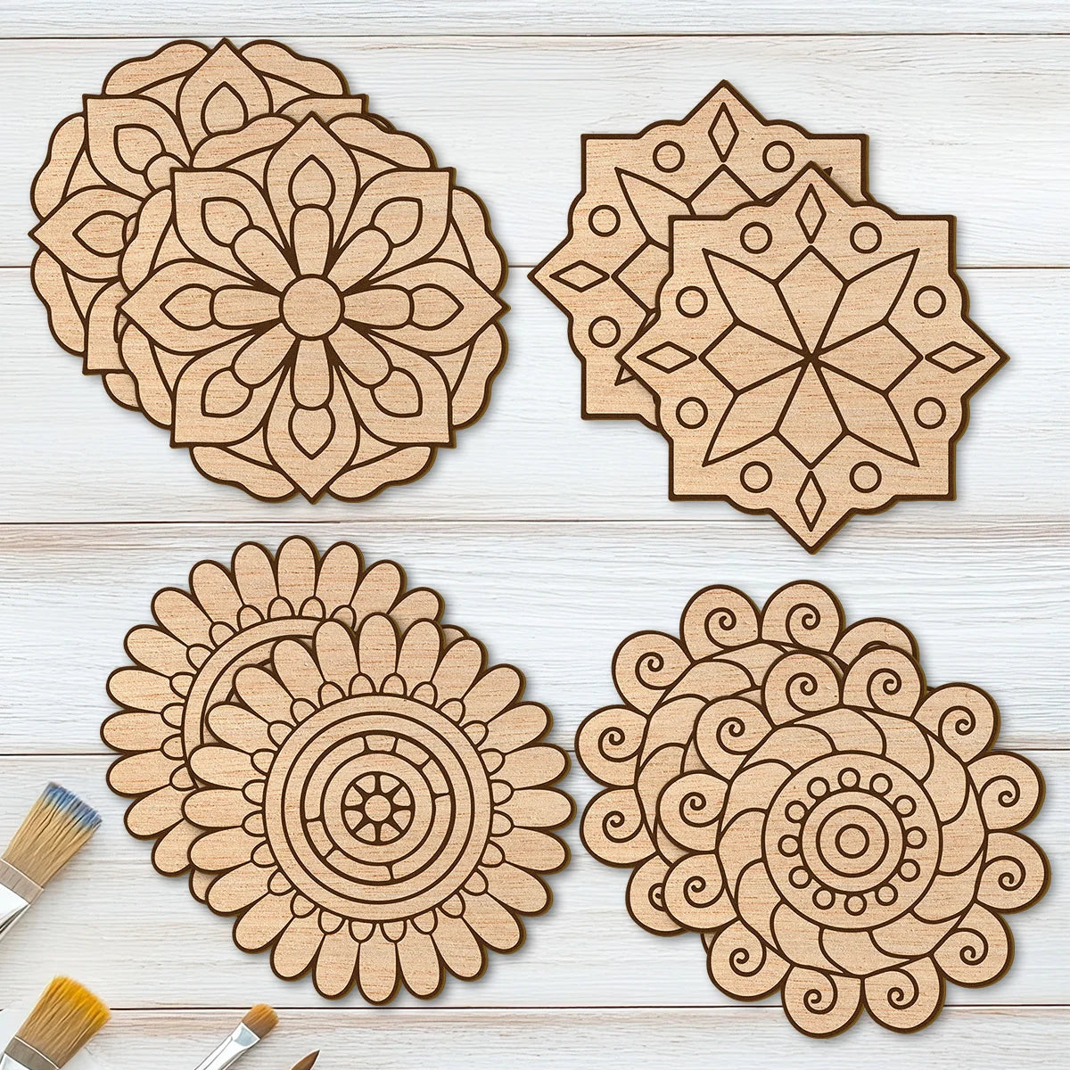 coasters bois non fini mandala multicolore géométrique artisanal décoratif adhésif pièces colorier bricolage