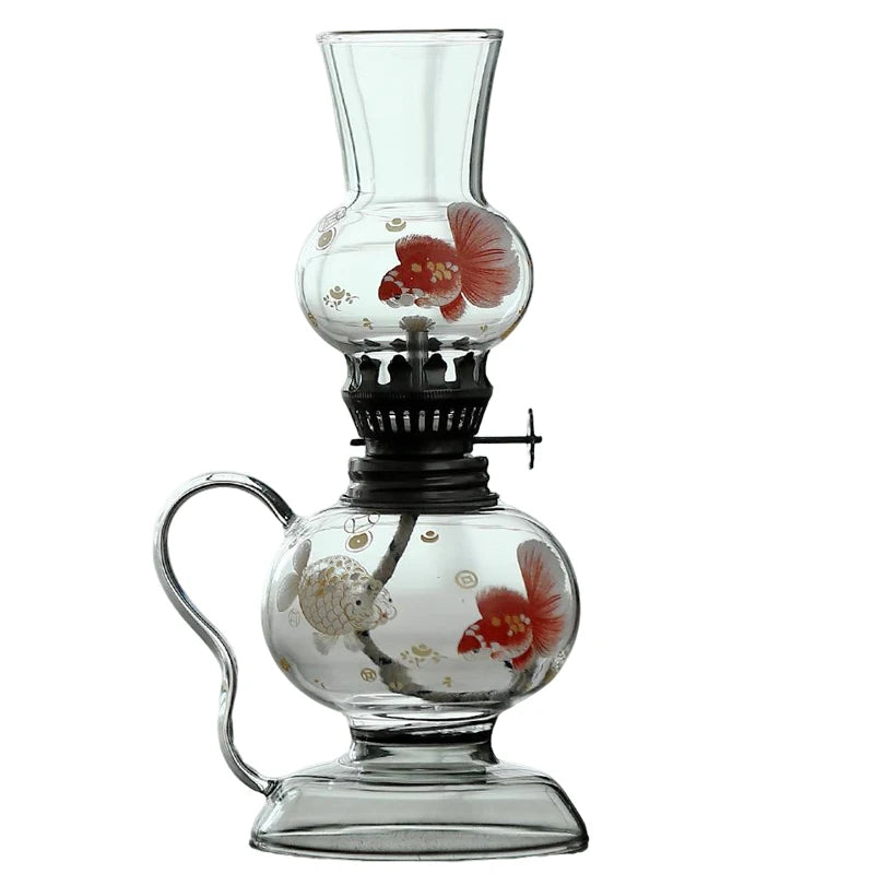 lampe huile verre transparent fleurs rouges blanches poissons dorés classique vintage rouge blanc