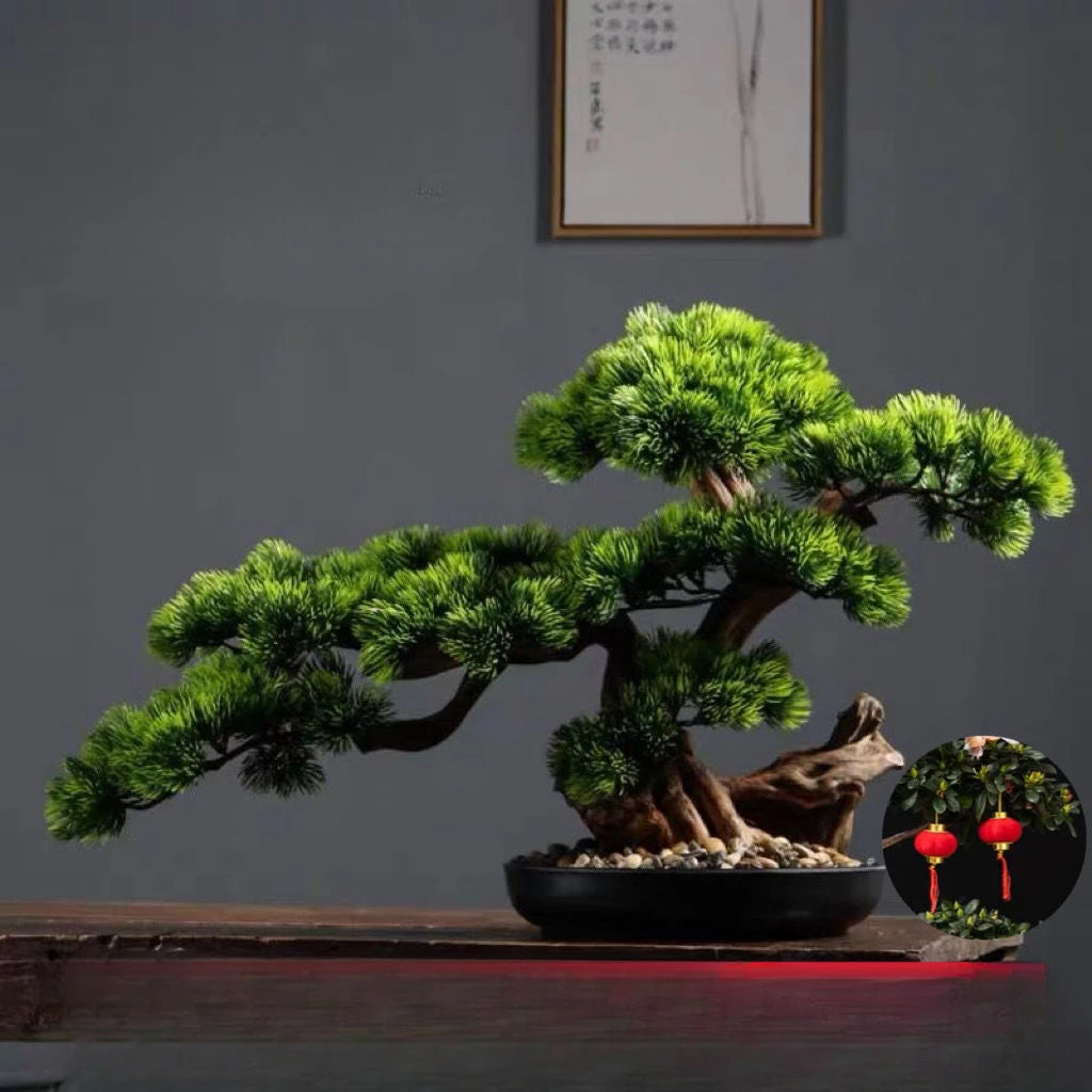 bonsaï artificiel vert clair arbre feuilles fines pot noir gravier blanc ornement extérieur classique