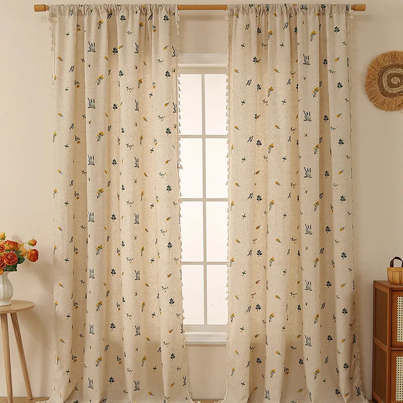 rideau fleuri semi transparent rustique beige clair fleurs vertes salon pastoral 132x214cm 2panneaux