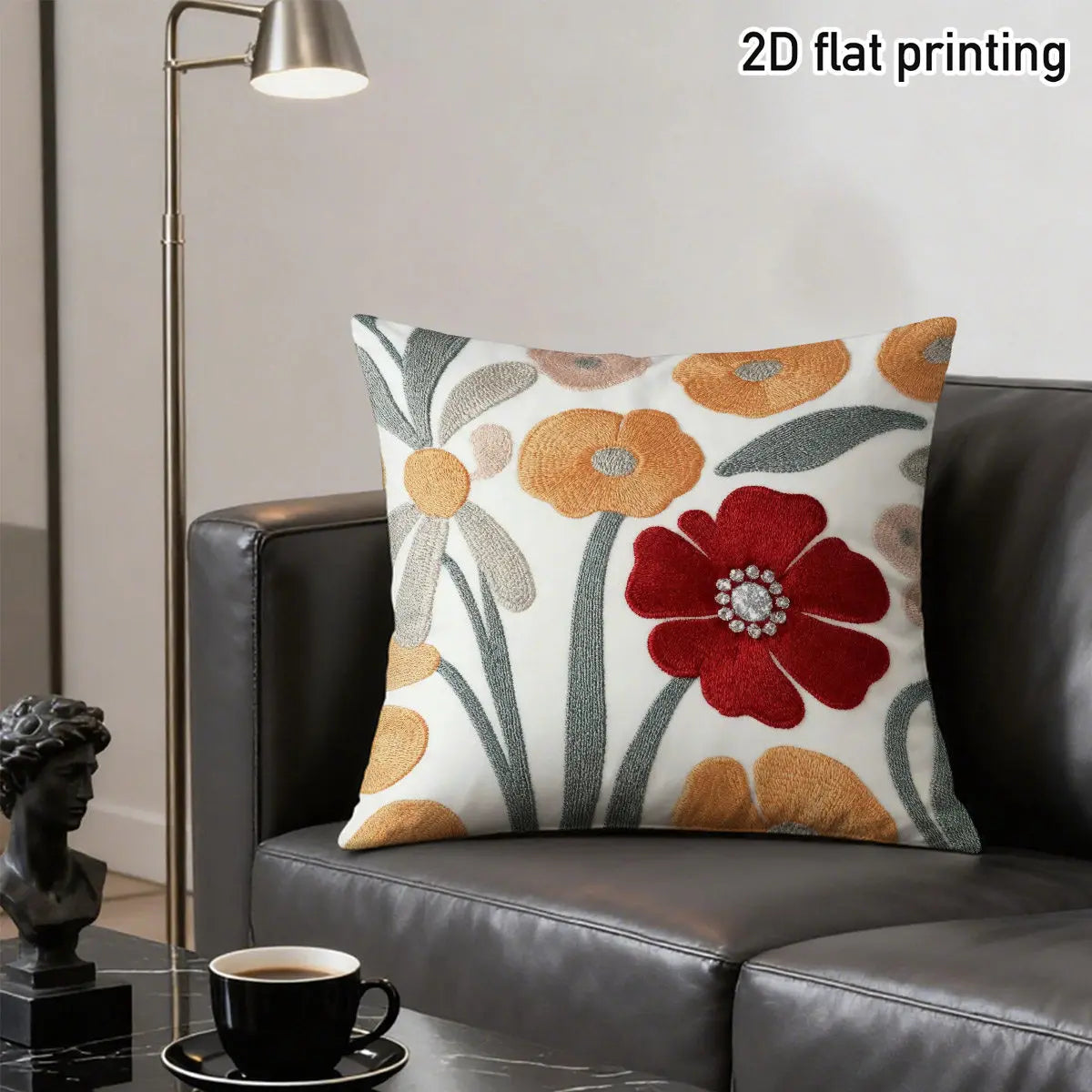 housse coussin décoratif motif floral brodée blanc rouge orange gris bohème rustiqueintérieur salon canapé