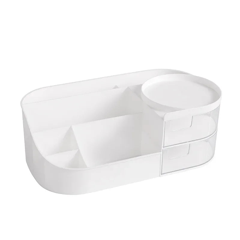 organisateur maquillage transparent moderne blanc rangement cosmétique tiroirs flacons brosse étiquettes