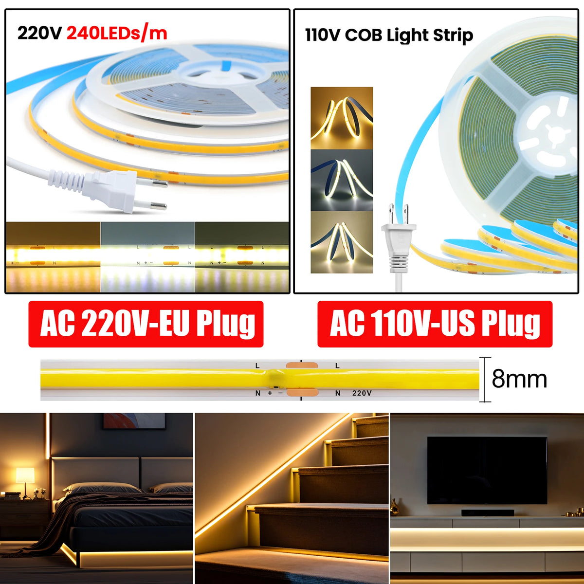 ruban led cob 240 led blanc 3000k 4000k moderne adhésif double face tape couteau