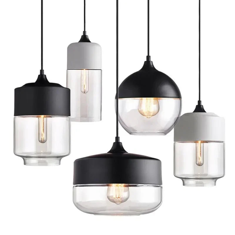 suspension lumineuse moderne pendentif verre noir transparent contemporain fixation câble luminaire salle manger chambre