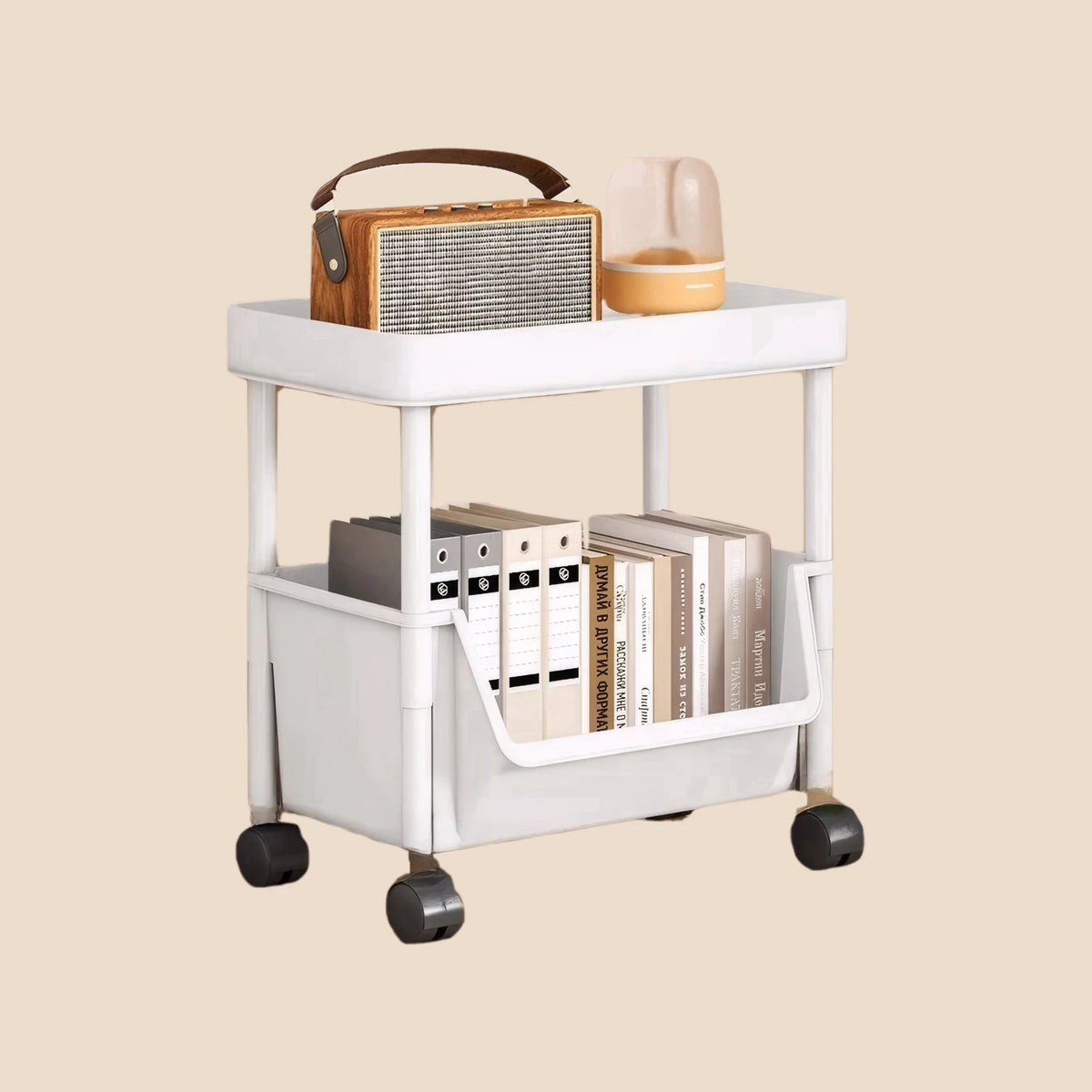chariot rangement blanc moderne roulette double étage cuisine organisation produits ménagers livres jouets support