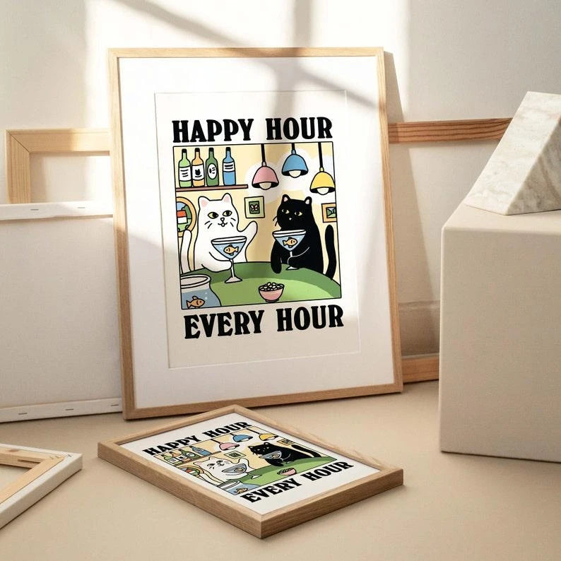affiche chat dessin animé verres cocktails bouteilles poissons lustres deco maison enfant salon blanc