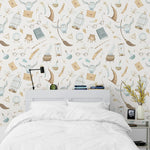 papier peint auto collant enfant illustration vintage oiseaux cages lunettes blanc beige bleu vert