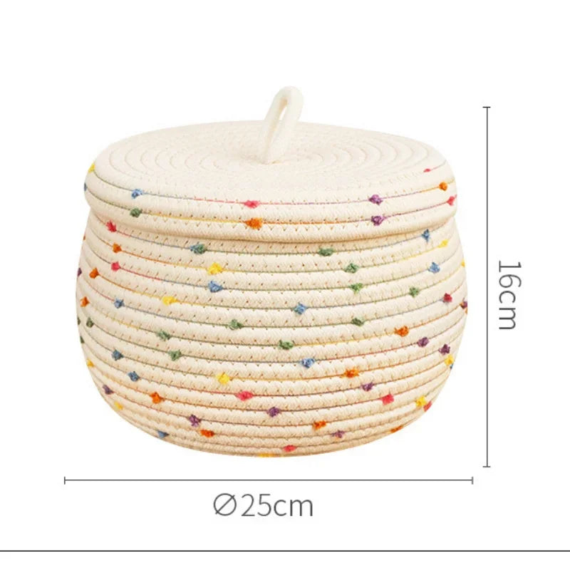 panier rangement coton tressé multicolore rustique poignée couvercle blanc points colorés hauteur 16cm 25cm