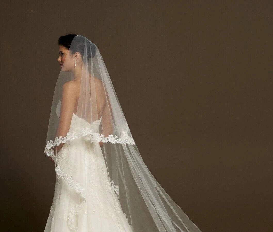 voile mariée deux couches dentelle bord appliqué tulle soft bohème off white classique élégant