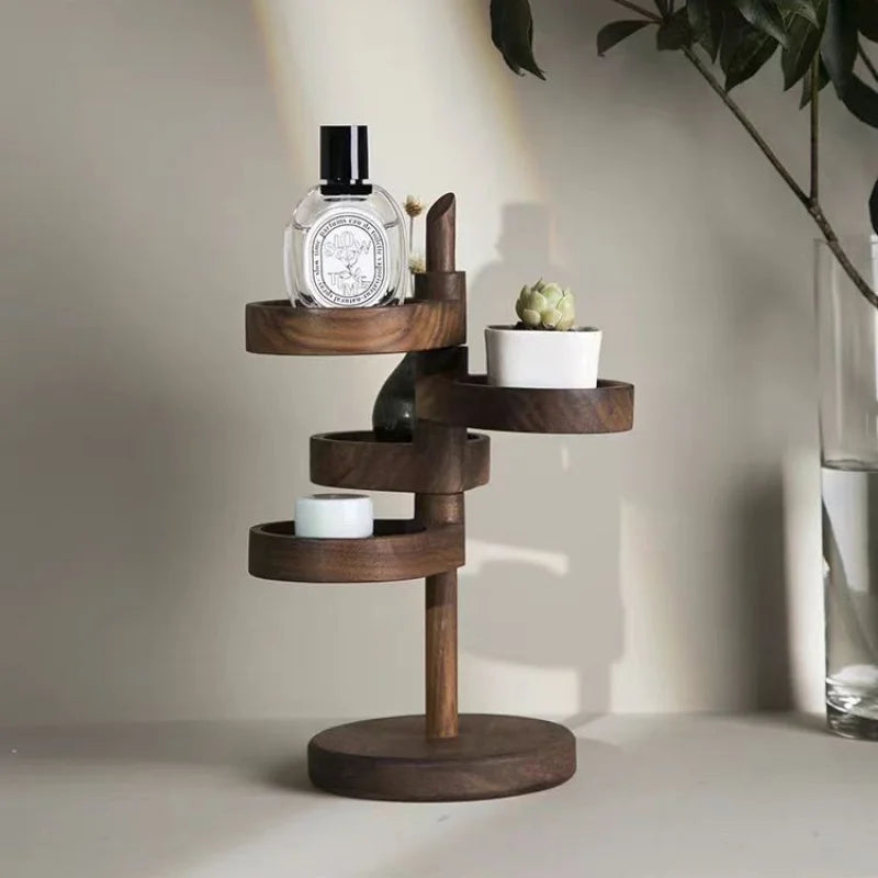 support bijoux rotatif bois naturel compartiments modernes minimaliste pince bijoux plante artificielle bouteille parfum