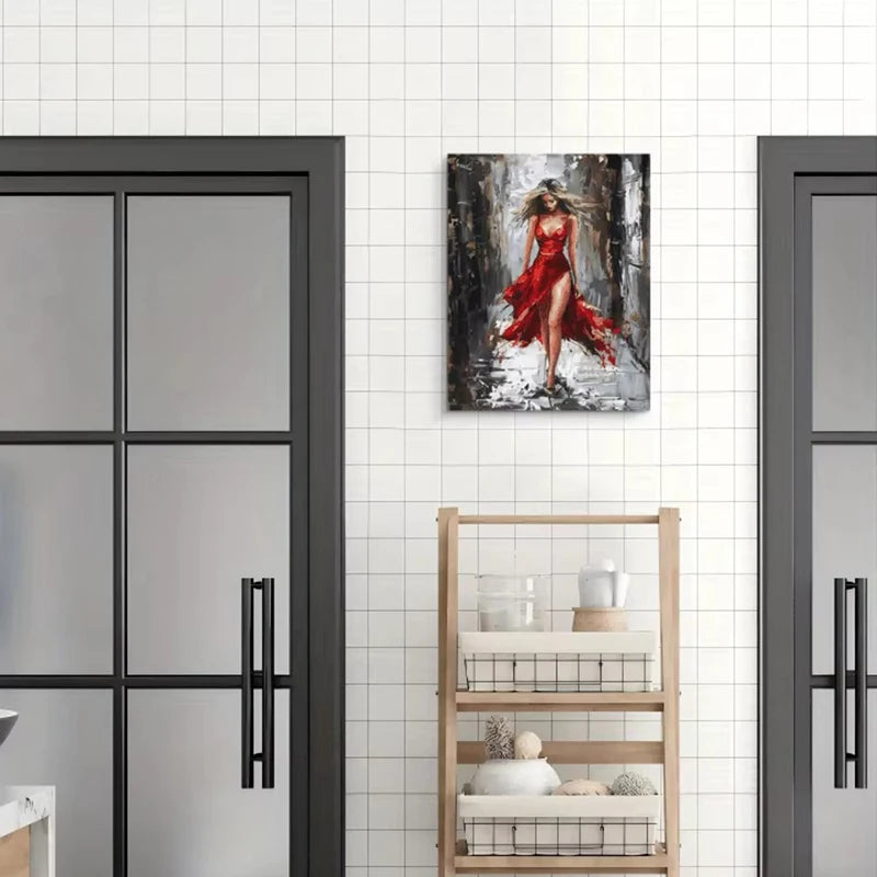 toile peinte moderne abstraite rouge gris blanc cadre bois chambre decoration murale impression haute