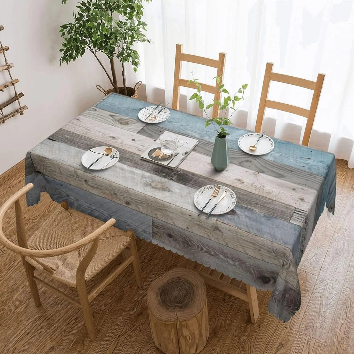nappe table texture bois gris bleu rustique moderne rectangle fête assiettes couverts verres
