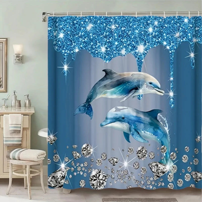 rideau douche bleu dauphins diamants moderne opacité polyester