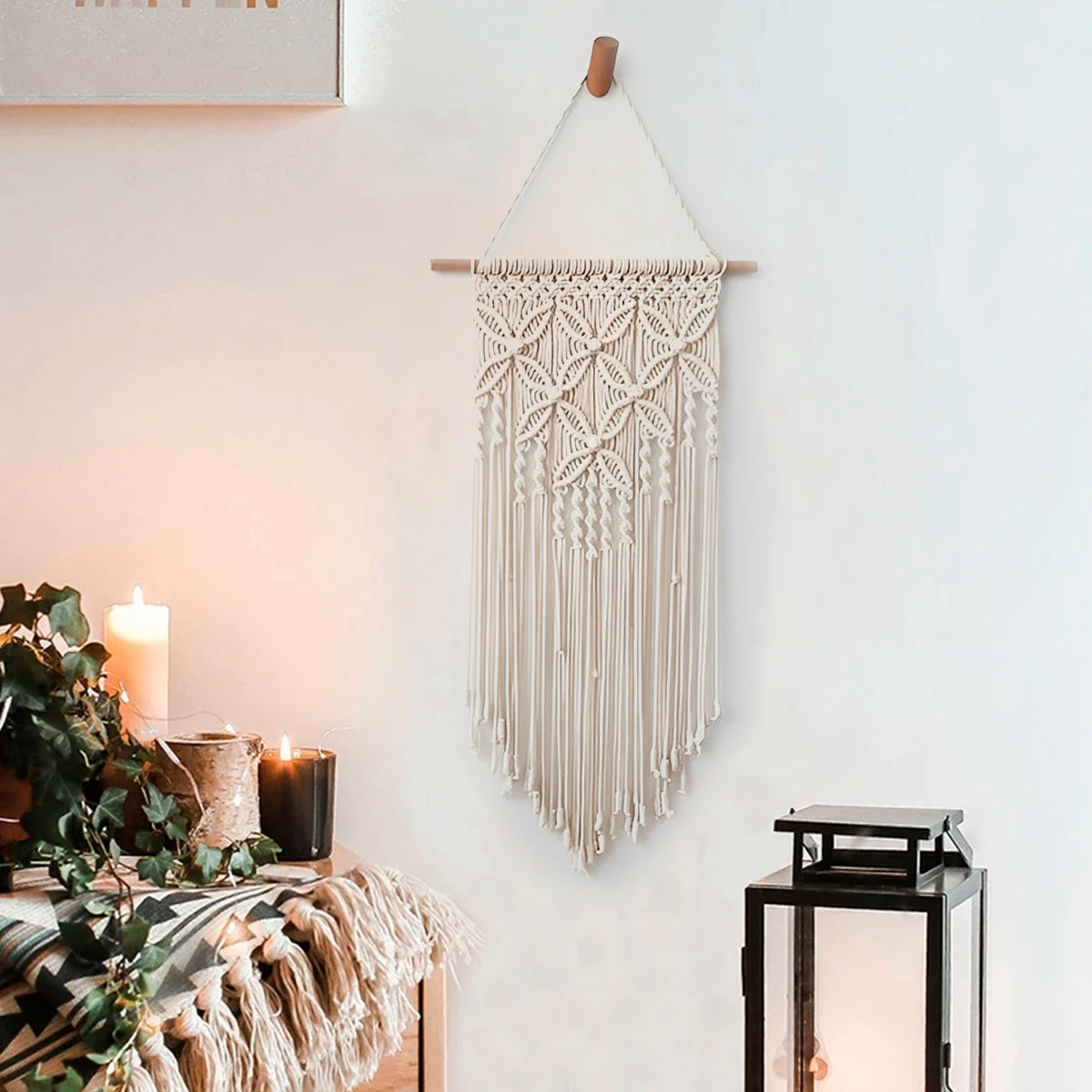 tapisserie murale macramé boho beige clair motif géométrique texture tissée crochet boisSuspensionruban