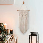tapisserie murale macramé boho beige clair motif géométrique texture tissée crochet boisSuspensionruban