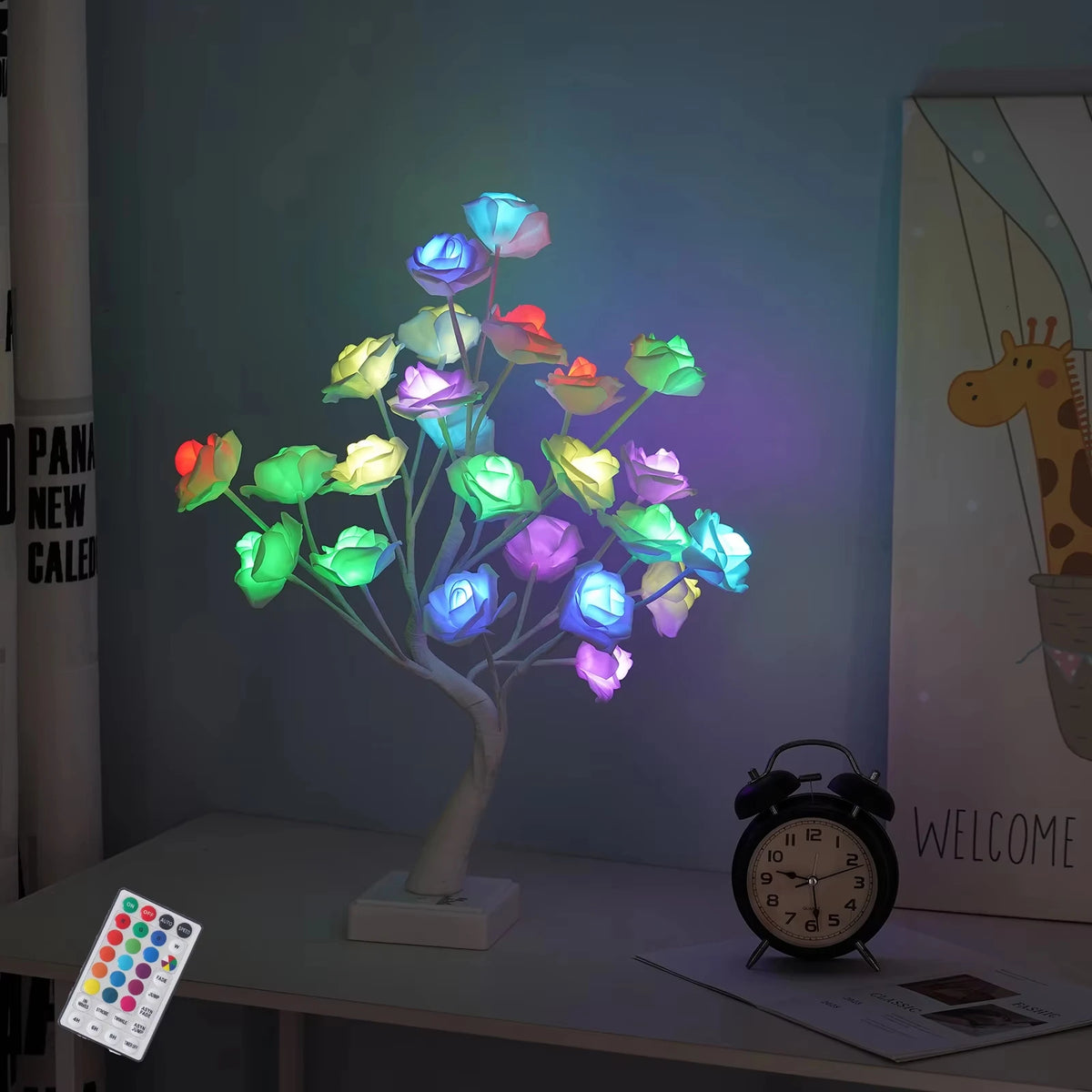 lampe décorative arbre fleurs lumineuses blanc multicolore moderne télécommande USB batterie