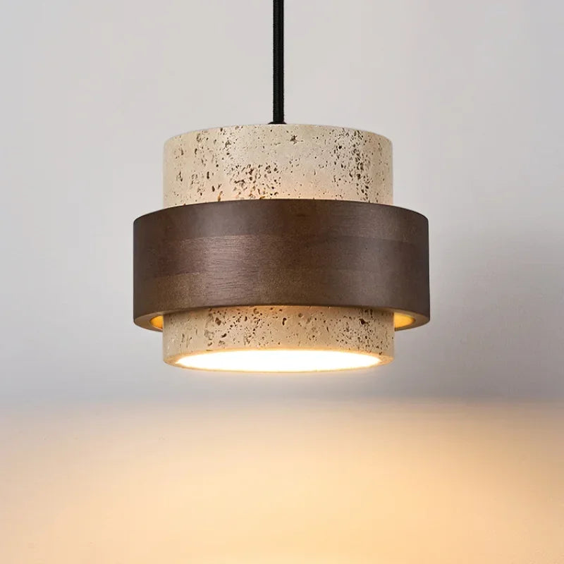 lampe suspendue moderne minimaliste pierre texture naturelle beige brun foncé interrupteur bouton led flux