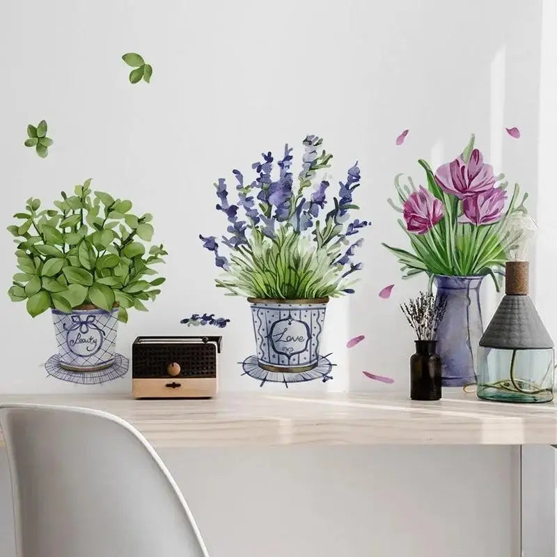 stickers muraux fleurs pots décoration moderne vert bleu violet blanc adhésif illustration salon chambre
