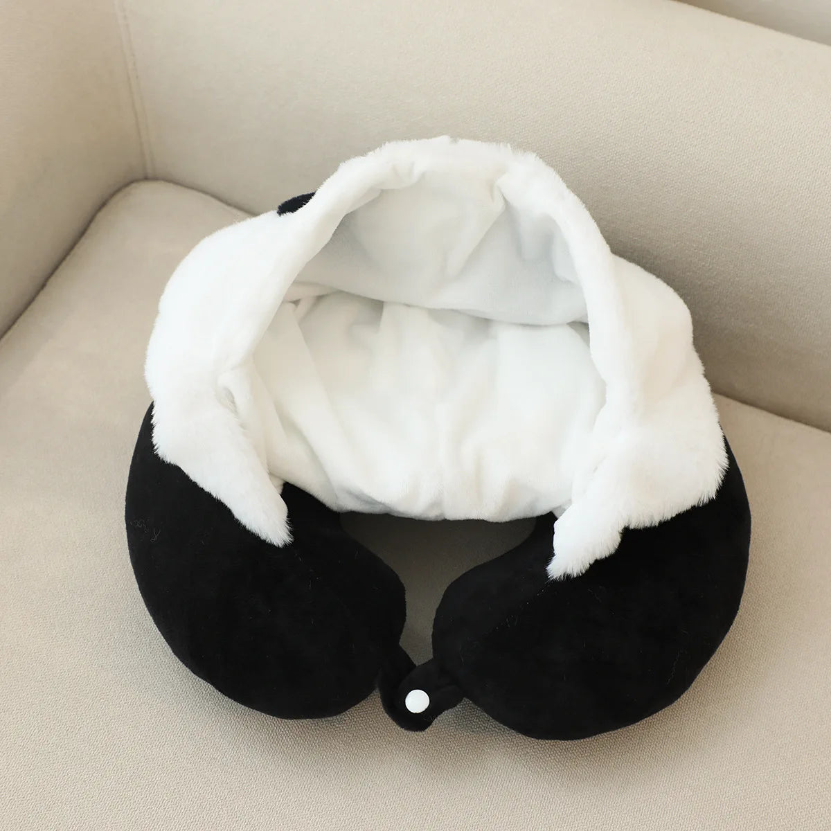 coussin voyage forme panda blanc noir peluche doux créatif mignon bouton pression portable sieste