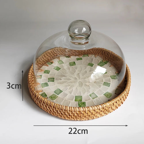 plateau rond corde tressée couvercle verre mosaïque décoratif boho chic rangement cuisine salle manger