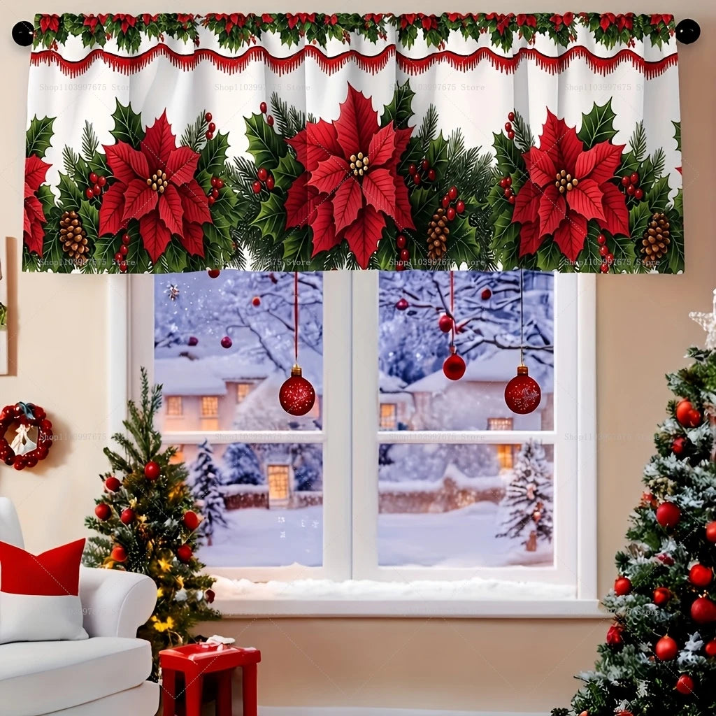 rideau fenêtre noël blanc rouge vert poinsettia houx opacité 140x45cm decoration façade cuisine