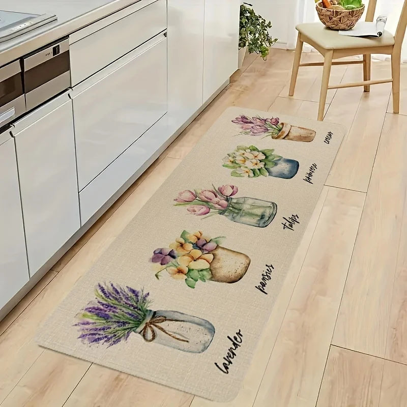 tapis fleurs pots tulipes lavande imperméable antidérapant cuisine salle bain intérieur