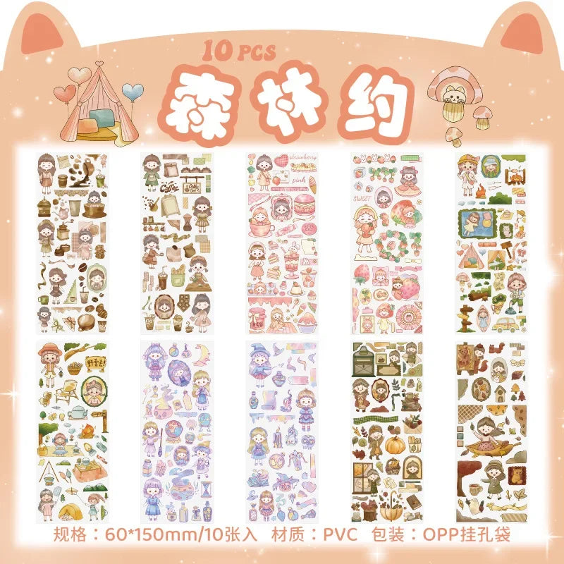 sticker kawaii adhésif dessins animés chats floraux textes scrapbooking transparent rose vert bleu blanc