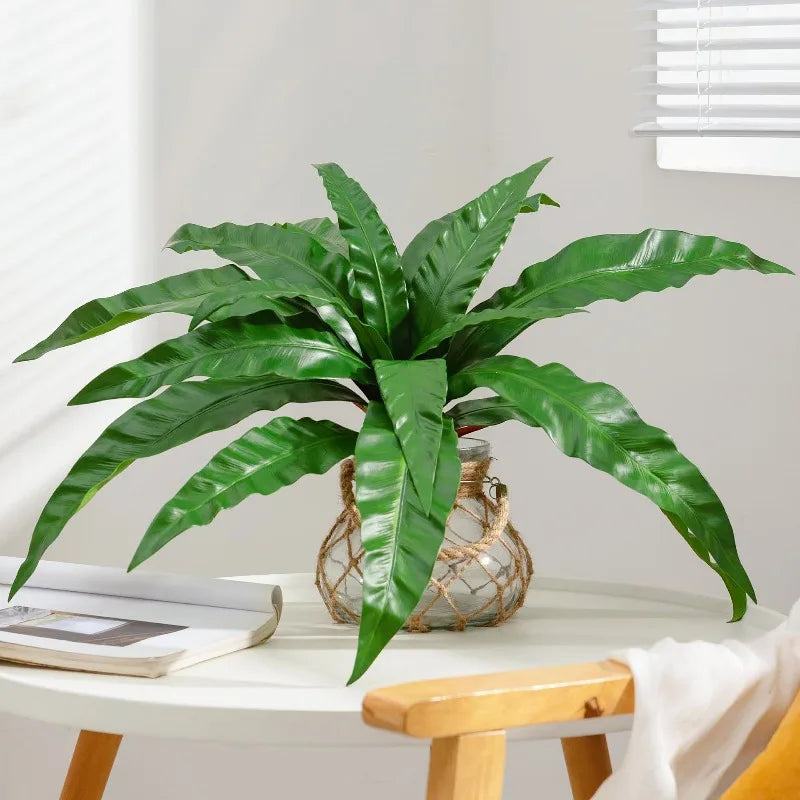 décoration intérieure plante artificielle feuilles larges moderne pot verre ordinateur vert végétal soft rubber