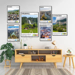 Cette image présente une décoration murale composée de plusieurs affiches encadrées représentant différents paysages pittoresques de Suisse, notamment la cascade de Staubifall, la ville de Zurich, et les villages de Lauterbrunnen et Grindelwald. L'ensemble est complété par un meuble de rangement en bois clair, une lampe de bureau, des plantes vertes et d'autres petits éléments de décoration.
