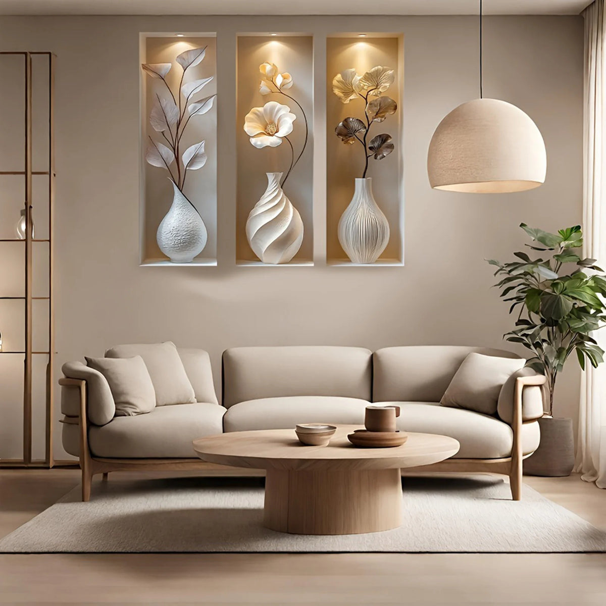 décorations murales modernes blanc beige doré fleurs vases sculptés opaquesintérieur salon chambre