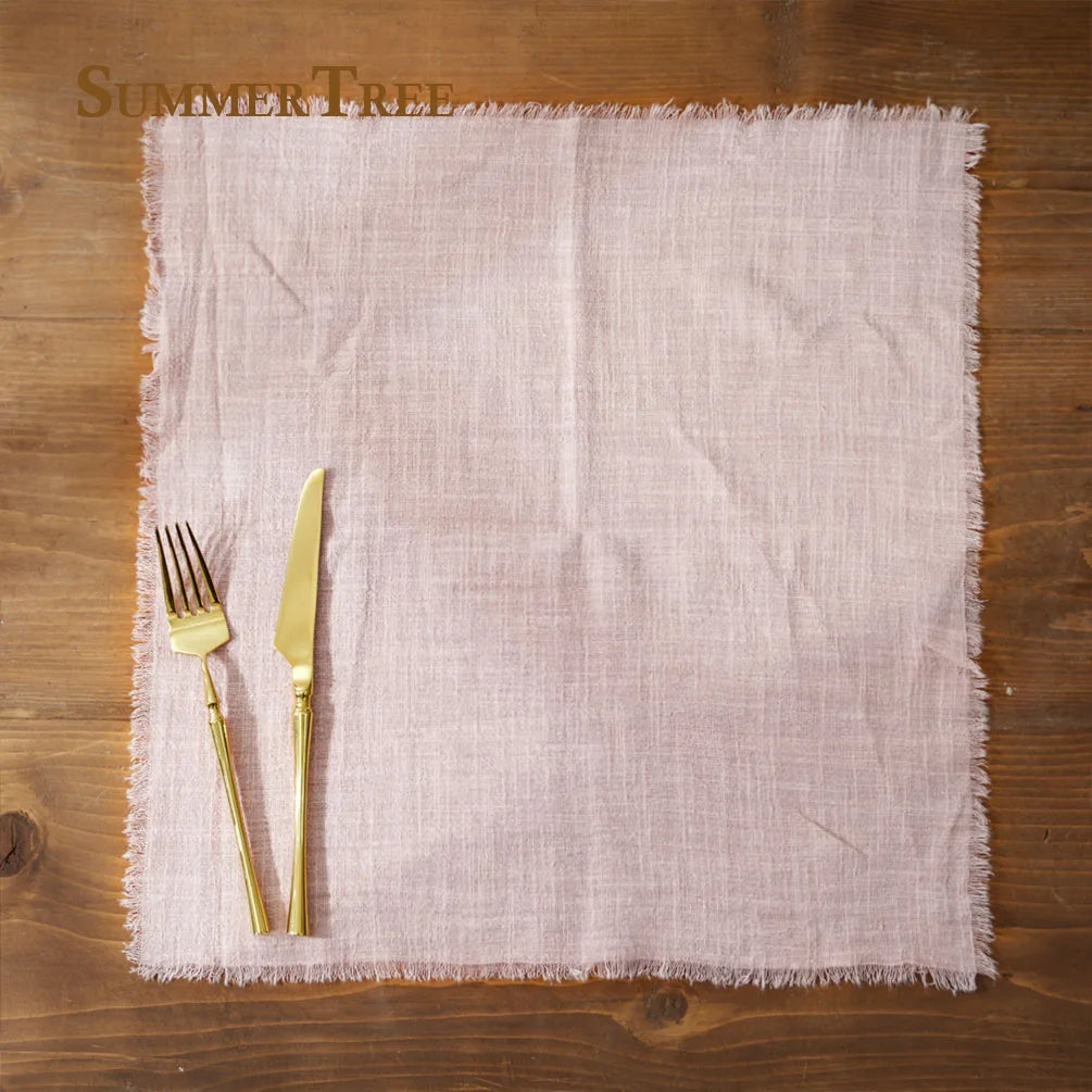 serviette coton beige rose blanc tissage fin bordures frangées rustique naturel