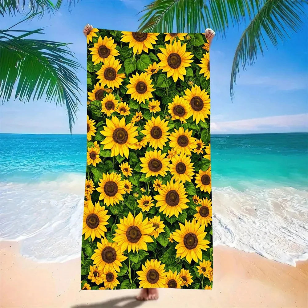 serviette plage microfibre séchage rapide floral tournesol jaune vert blanc tropical