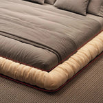 lit moderne minimaliste bois beige gris velours tissu uni chambre double king sizeSuspension