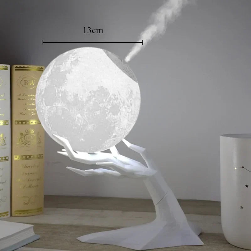 lampe lune moderne décoration chambre bois cratères texturée LED blanc orangé
