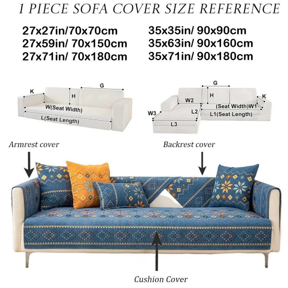 Housse canapé moderne ethnique bleu triangle motif coussins assortis polyester chenille machine lavable