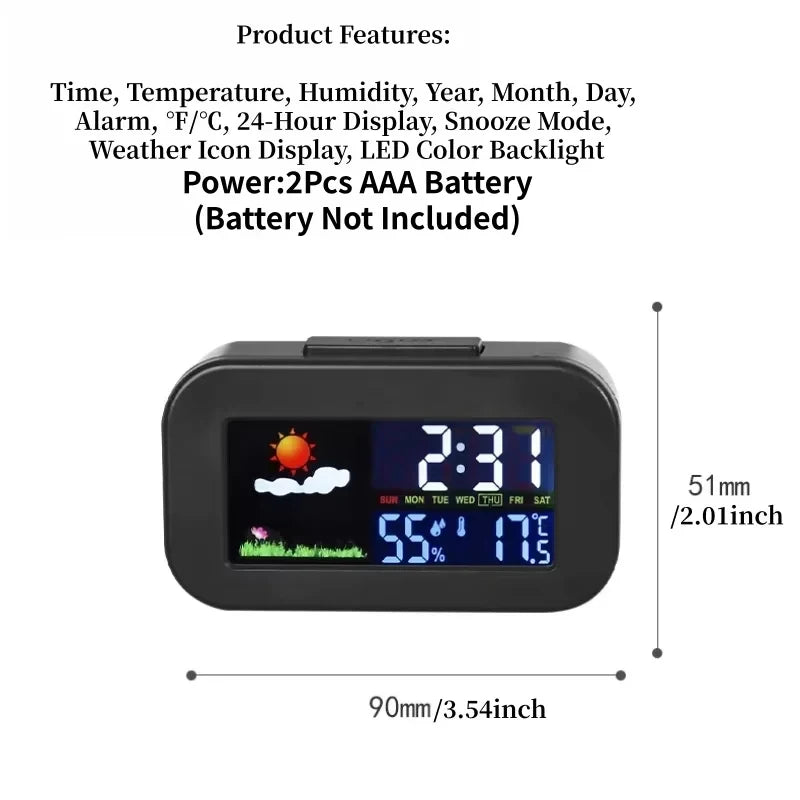 réveil numérique horloge température humidité météo calendrier luminoire noir minimaliste digital affichage heures jours