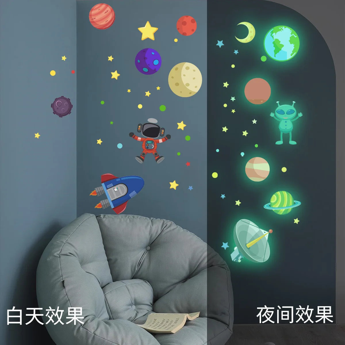 sticker mural lumineux aliens espace dessin animé bébé enfant chambre planètes étoiles vaisseau spatial