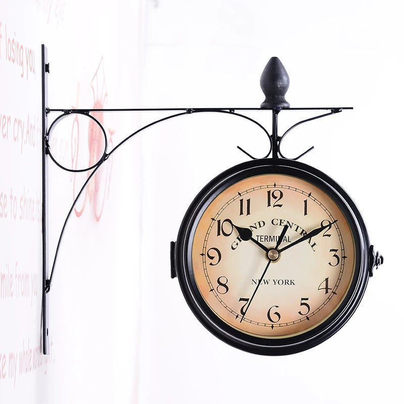horloge murale double face vintage industrielle cadran transparent effet vieilli gare métal noir