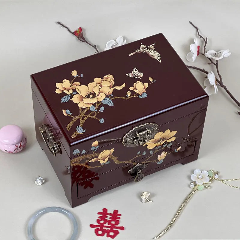boîte bijoux traditionnelle fleurs blanches roses compartiments miroir cadenas noir japonais vintage floral