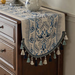 tableau decoratif lin motifs floraux pompons multicolores table buffet ethnique rustique