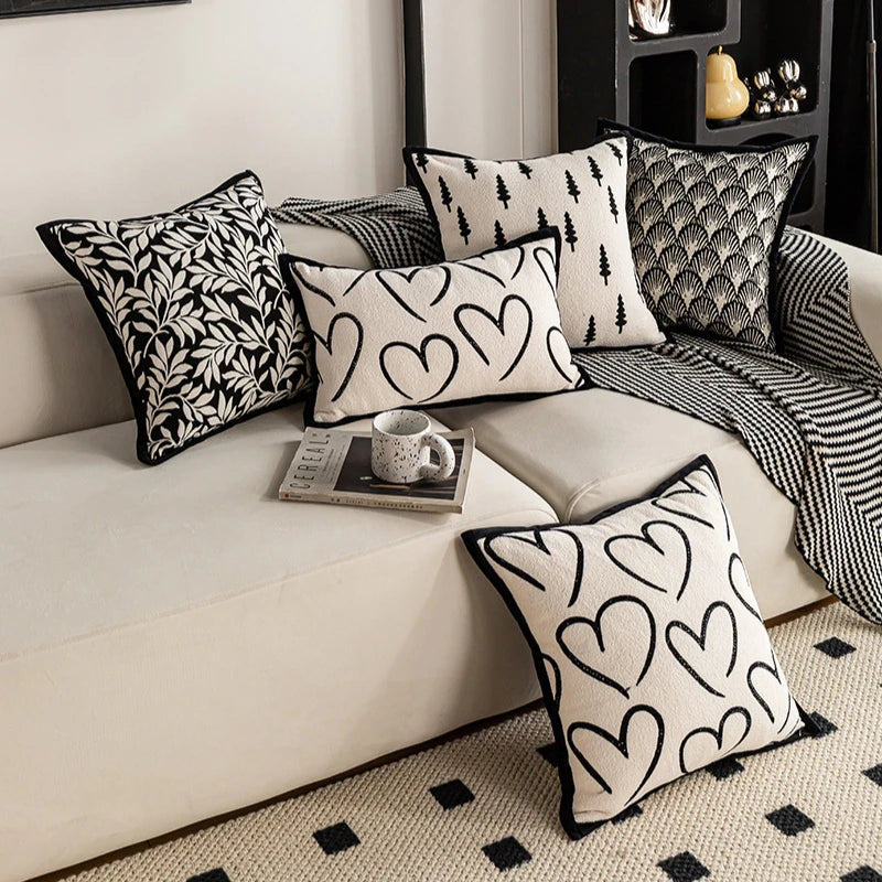 housse coussin décorative carrée motif noir blanc moderne canapé salon maison